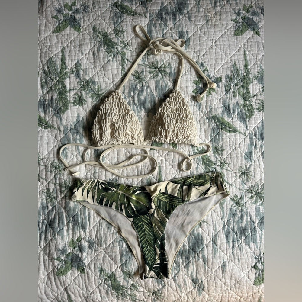 Tori Praver Rip Curl Bikini Set XS S White Palm Monstera Green Ruch Ripple